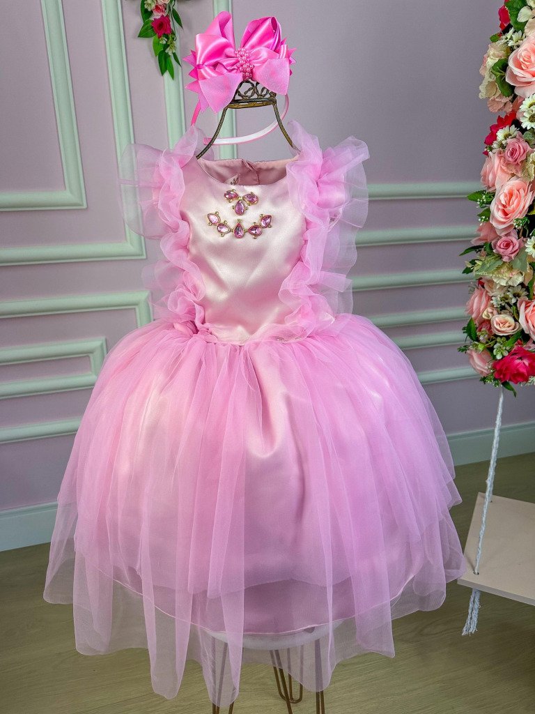 Vestido Miss Sweet Rosa Peito Tule e Pedrarias
