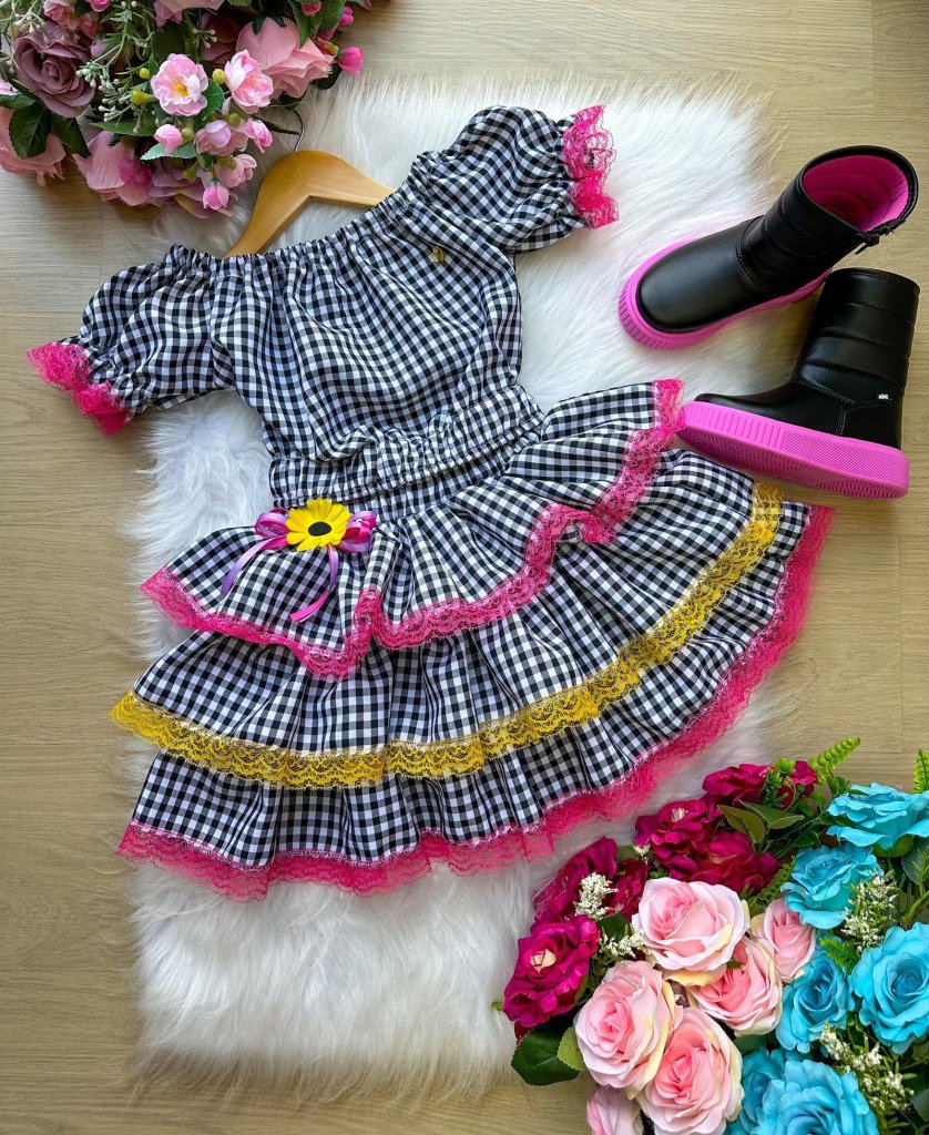 Conjunto Junino Banana Club Luxo Gabriela Xadrez Preto