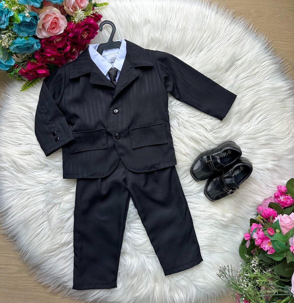 Conjunto Miss Cherry Social Terno – Blaizer Listrado e Calça Lisa Gael Preto