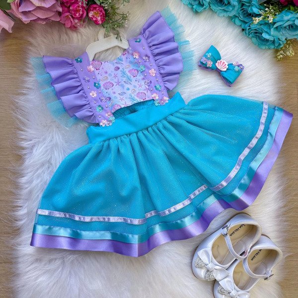 Romper/Vestido Princesa Sereia – Fundo do Mar Lilas e Tiffany