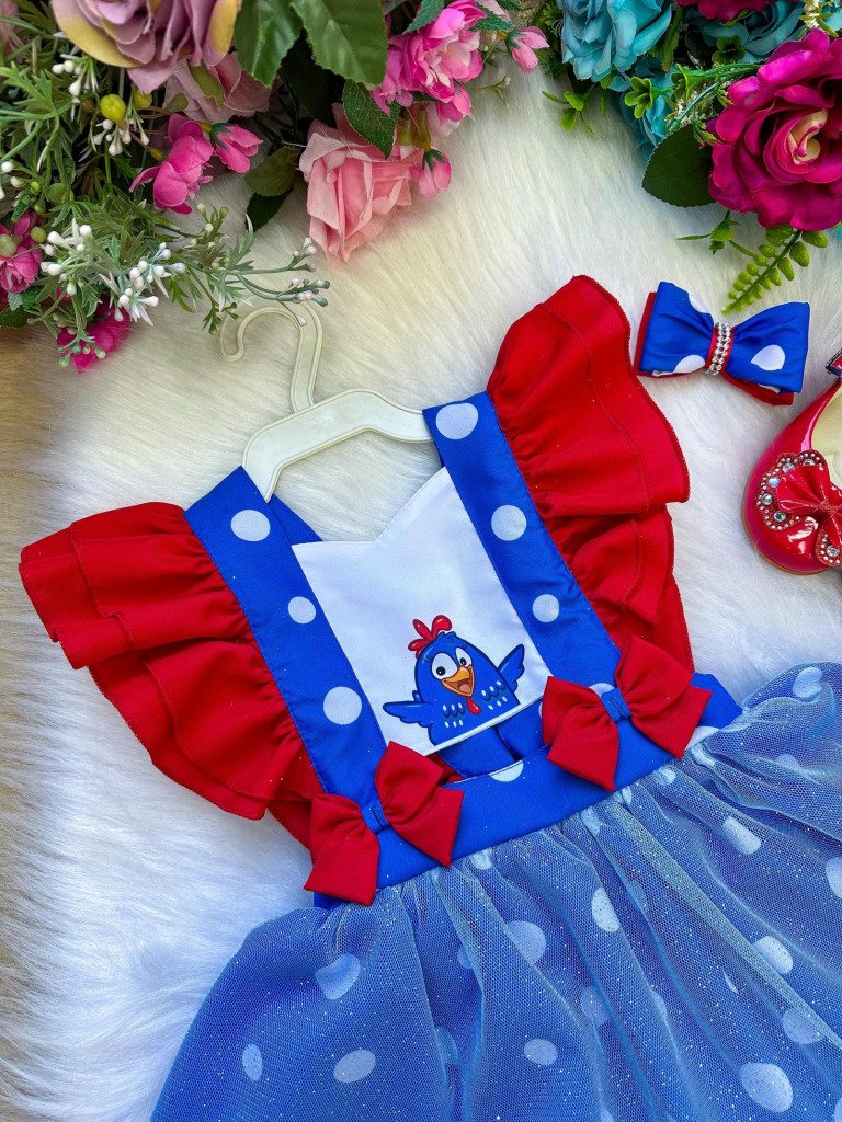 Romper/Vestido Princesa Belli Galinha Pintadinha Azul e Vermelho