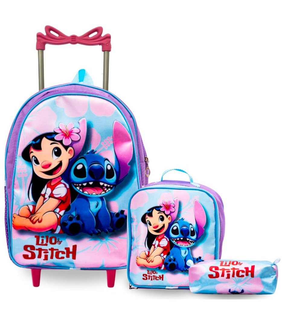 Kit Mochila Rodinhas + Lancheira + Estojo Lilo e Stitch