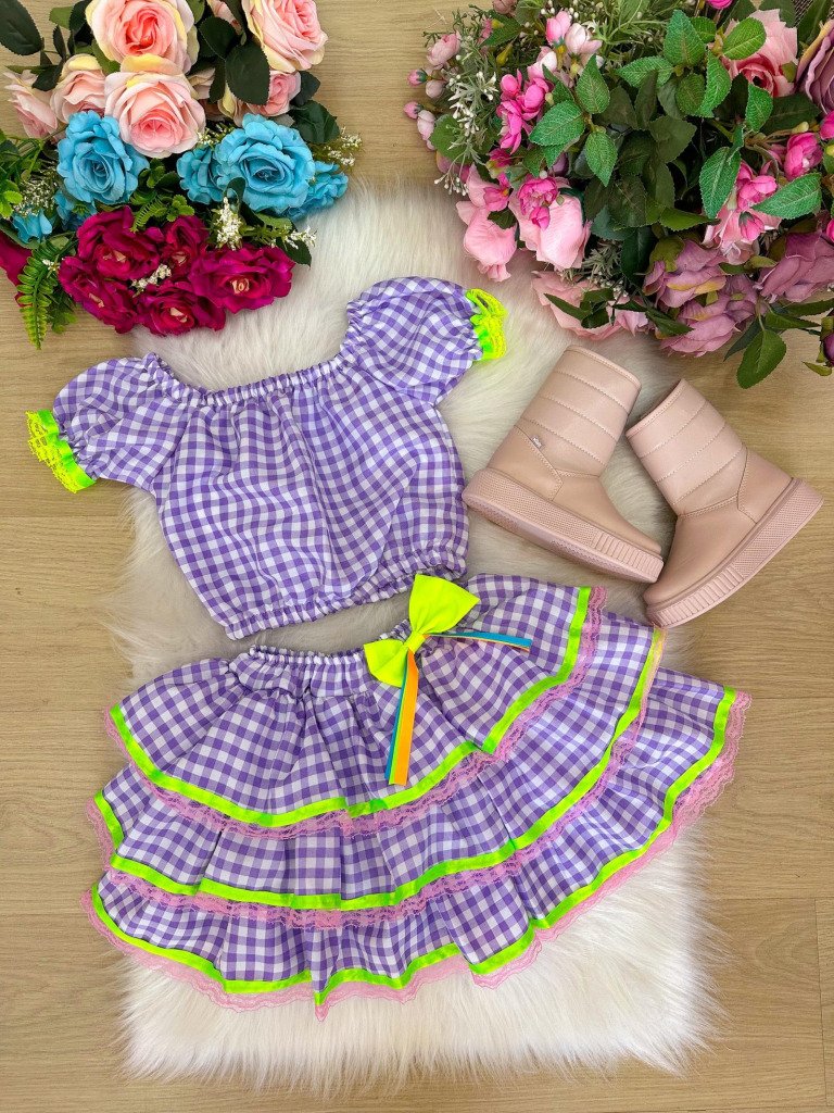 Conjunto Junino Banana Club Luxo Sofia Xadrez Lilas