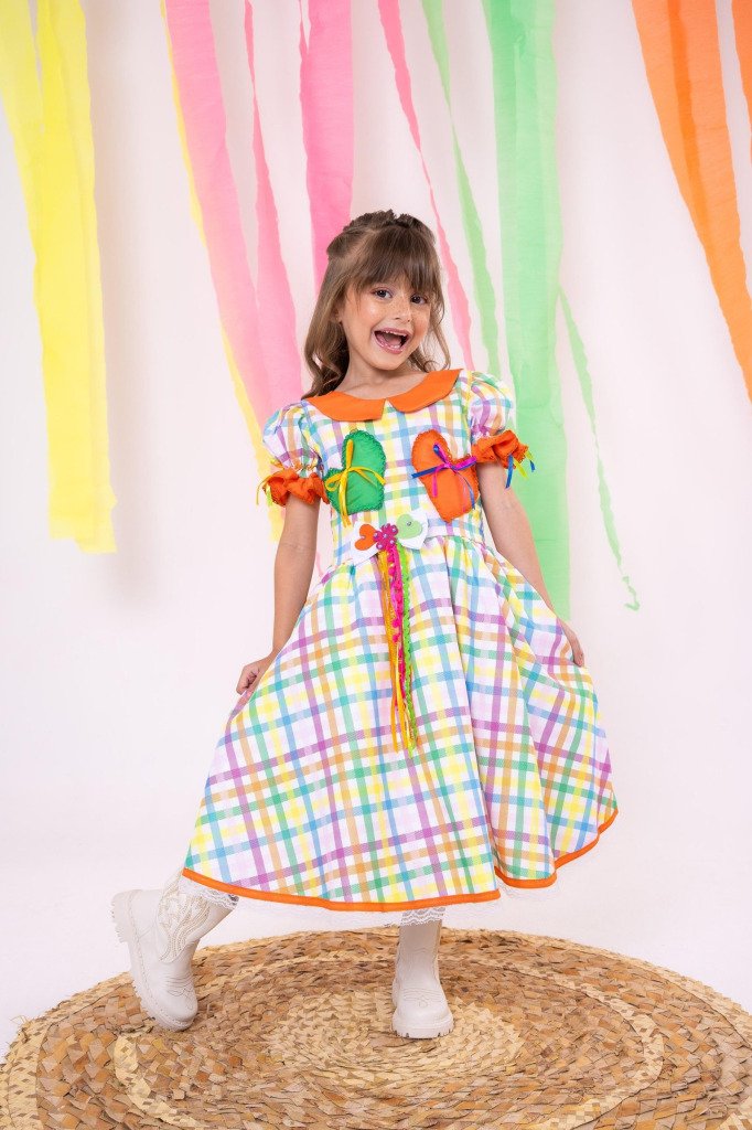 Vestido Marie Junino Luxo Dois Corações Laranja