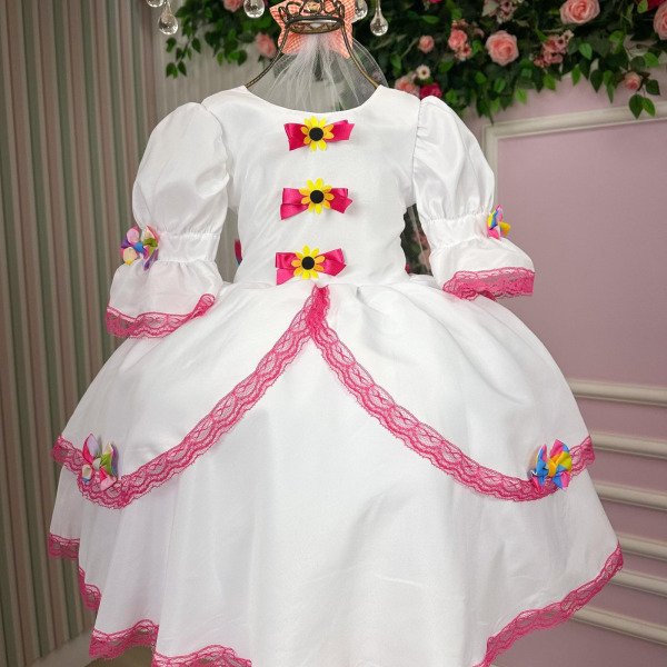 Vestido Junino Banana Club Luxo Noiva/Noivinha Lacinhos Branco