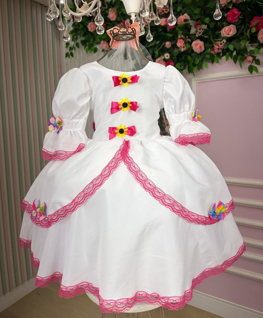 Vestido Junino Banana Club Luxo Noiva/Noivinha Lacinhos Branco