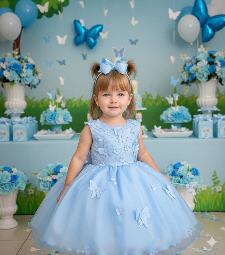 Vestido Marie Jardim das Borboletas Azul Bebe Viviane Modelo 2