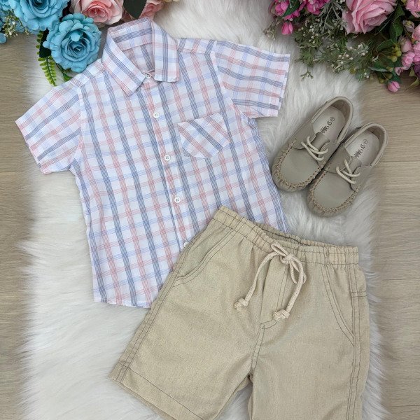 Conjunto Meninos Lucas Banana Club Shorts Linho Camisa Xadrez