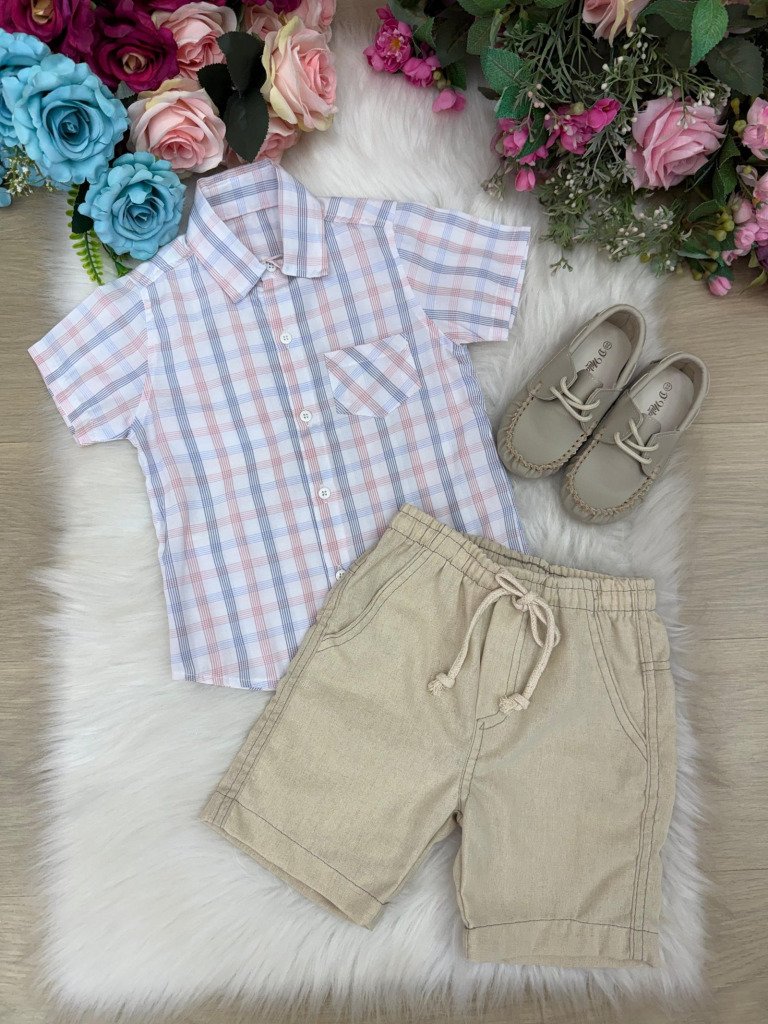 Conjunto Meninos Lucas Banana Club Shorts Linho Camisa Xadrez