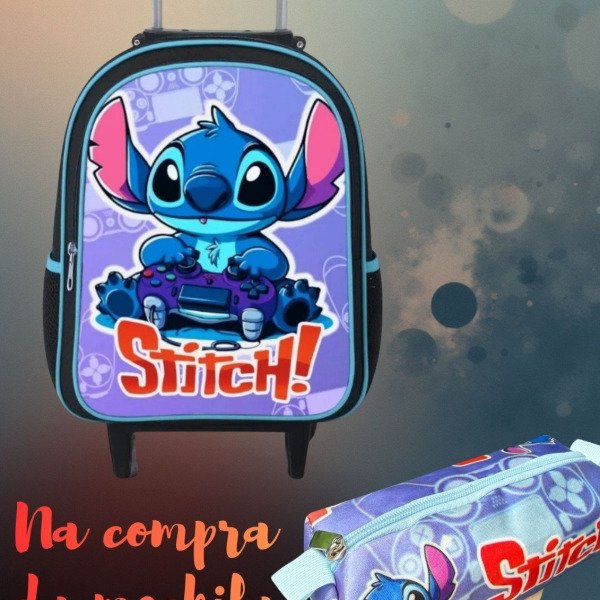 Mochila Rodinhas Stitch Masculino + Estojo de Brinde