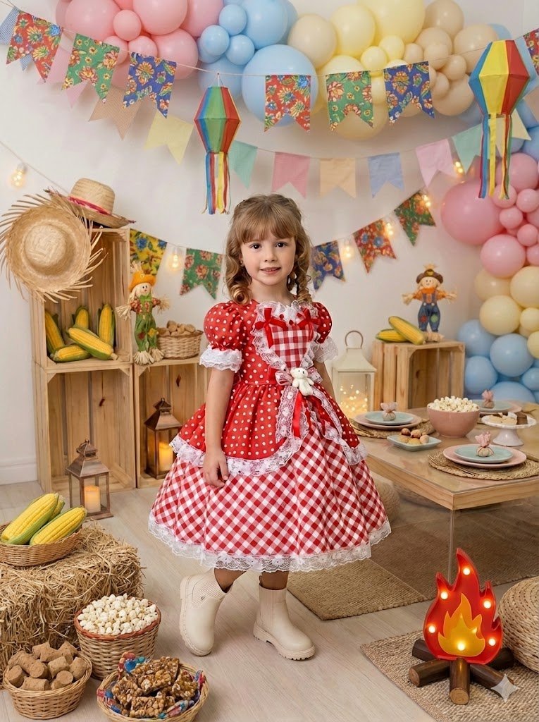 Vestido Marie Junino Luxo Ursinho do Sertão Vermelho