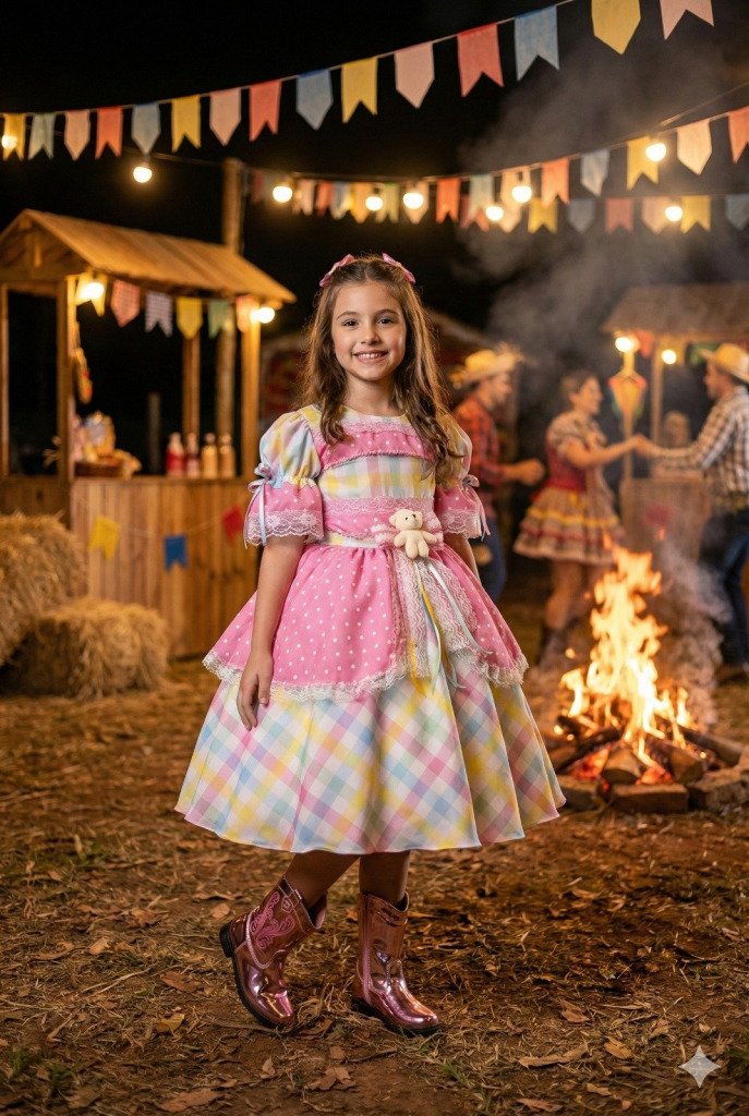 Vestido Marie Junino Luxo Ursinho do Sertão Rosa