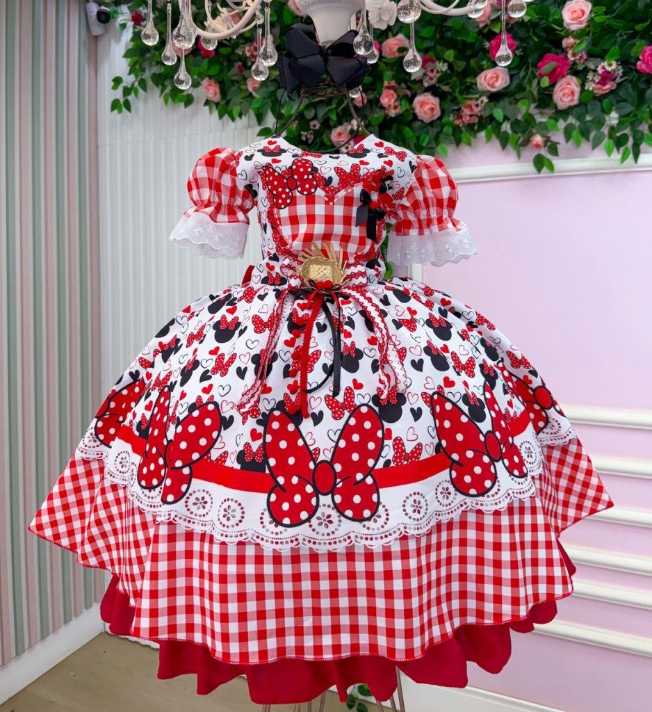 Vestido Junino Tematico Luxo Minnie/Minei Vermelho