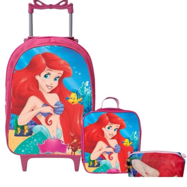 Kit Mochila Rodinhas + Lancheira + Estojo A Pequena Sereia Ariel