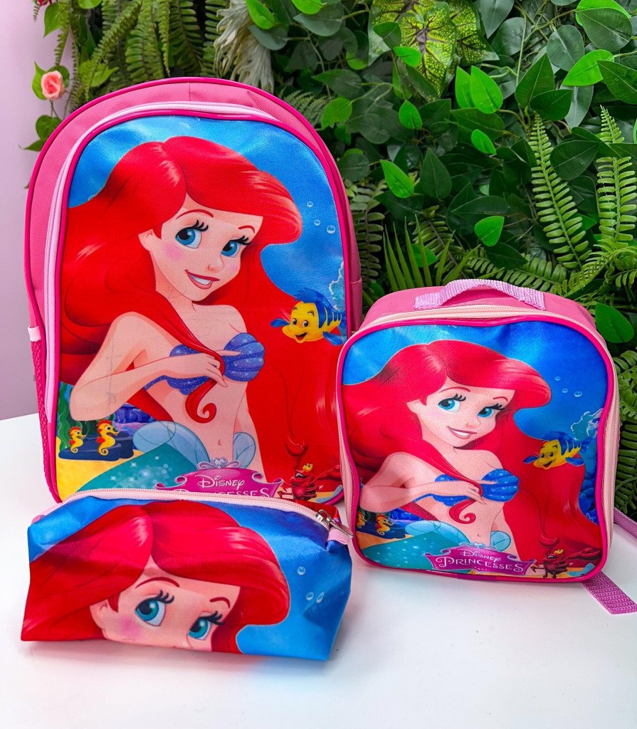 Kit Mochila de Costas + Lancheira + Estojo A Pequena Sereia – Ariel