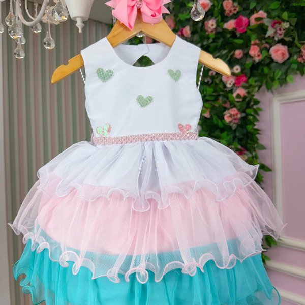 Vestido Vila Lele Bebe Lolo Saia Verde e Rosa