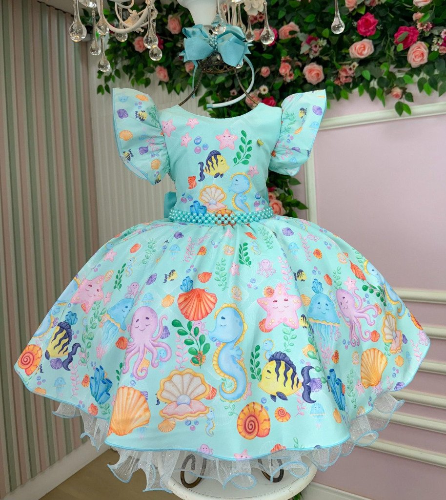 Vestido Tematicos Kids Fundo do Mar – Sereia Ariel Modelo 2 Tiffany