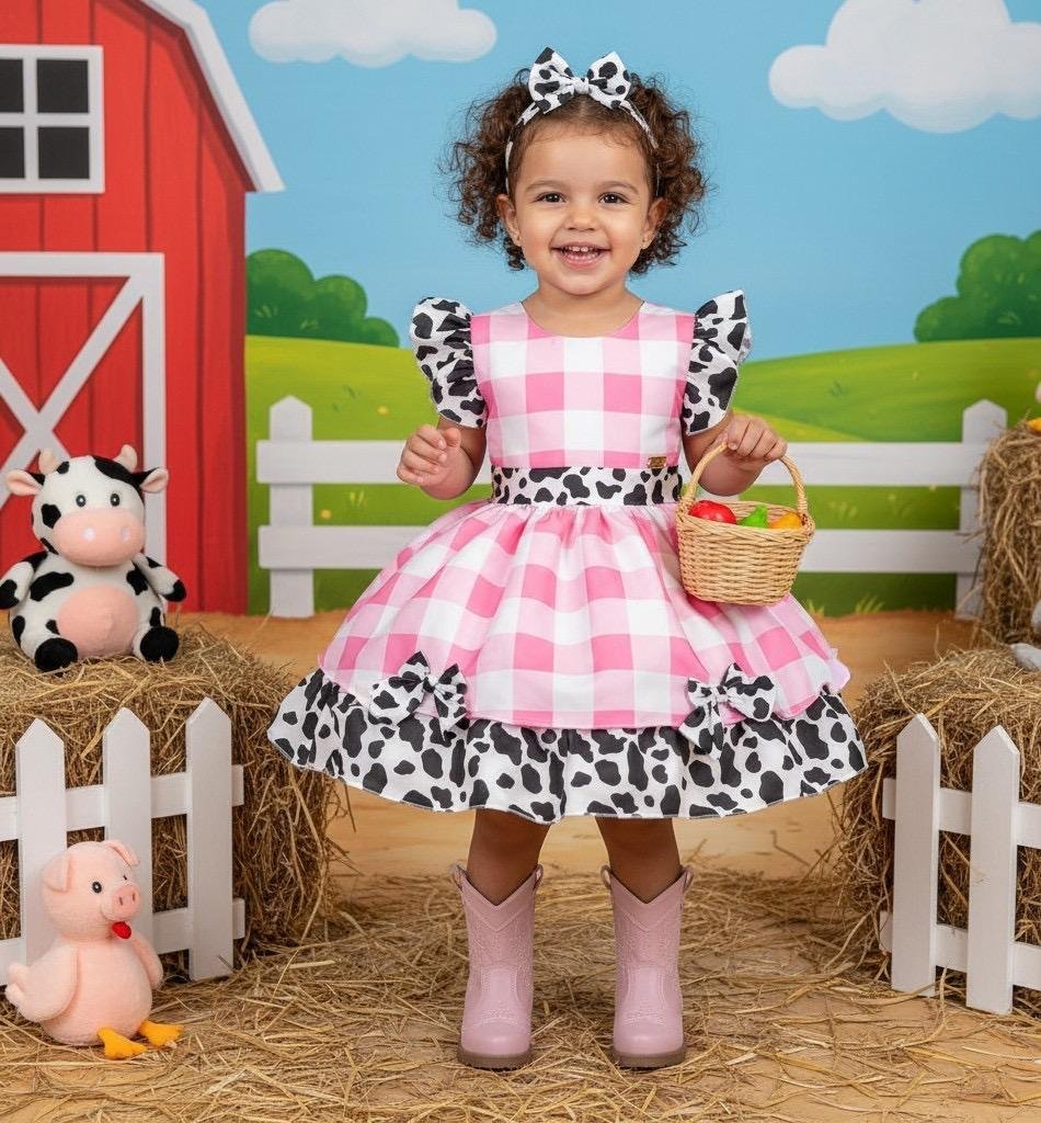 Vestido Tematicos Kids Fazendinha Rosa Vaquinha