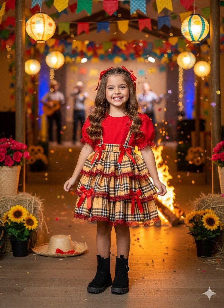 Conjunto Junino Banana Club Luxo Camisa Vermelha Caipira