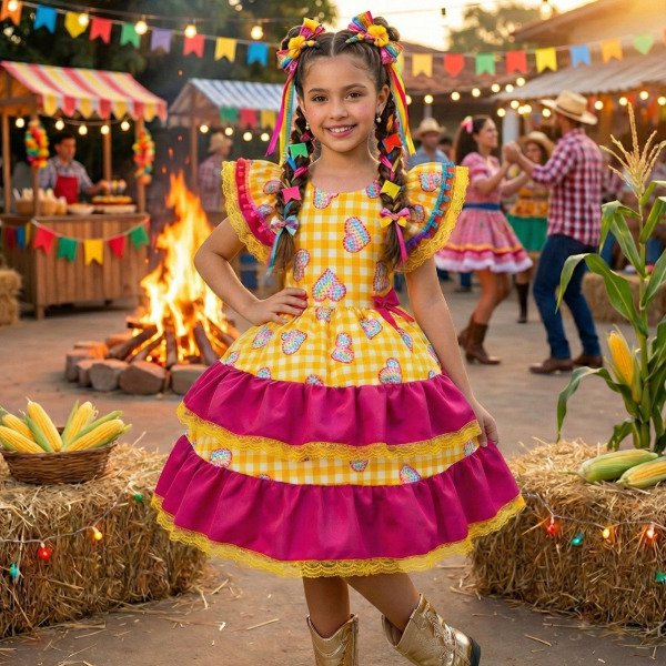 Vestido Junino Banana Club Luxo Coração Junino Amarelo