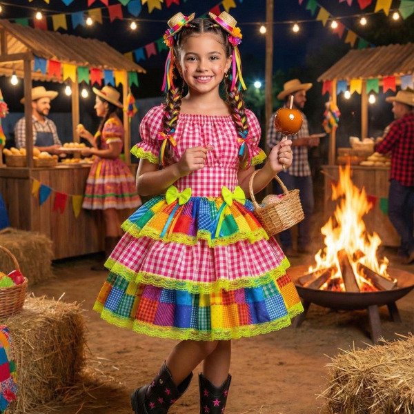 Vestido Junino Banana Club Luxo Quermesse do Sertão Pink