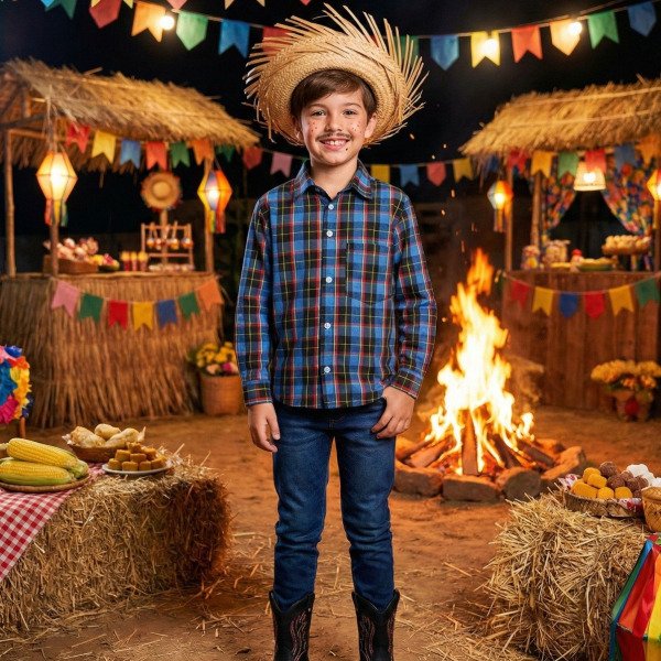 Camisa Junina Xadrez Breno Azul