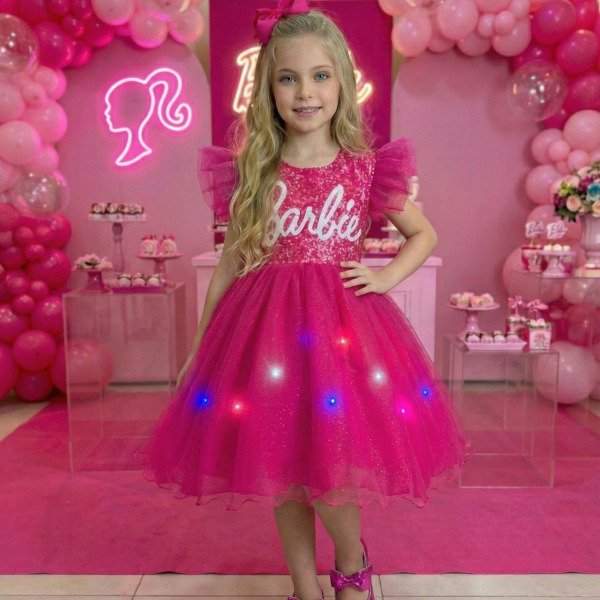 Vestido Ysa Kids Barbie Luxinho Pink Com led