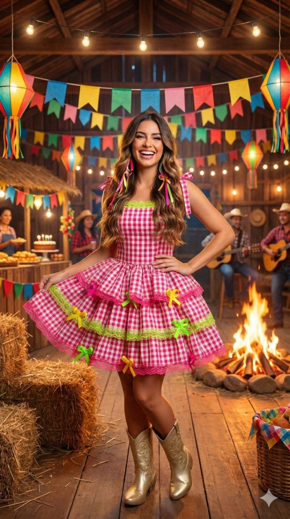 Vestido Banana Club Junino Luxo Adulto Arraia do Chamego Pink