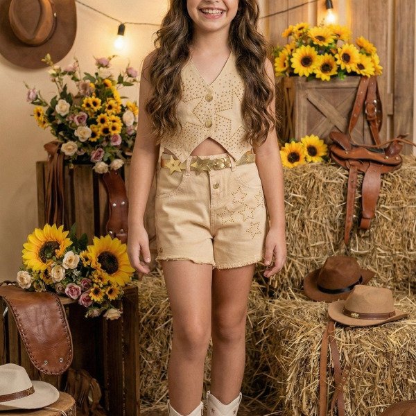 Conjunto Blogueirinha Boiadeira Estrelada Dourado