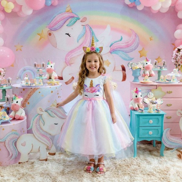 Vestido Mini Miss Temático Unicornio – Colorido – Arco iris