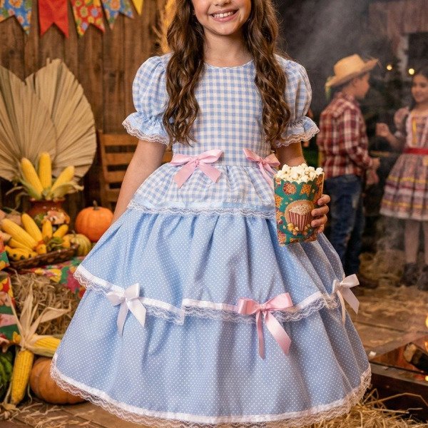 Vestido Junino Mimadine Luxo Stefanny Azul Bebe