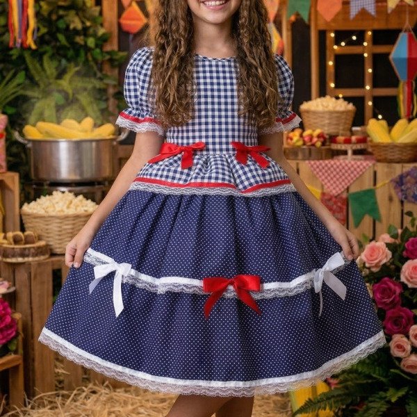 Vestido Junino Mimadine Luxo Stefanny Azul Marinho