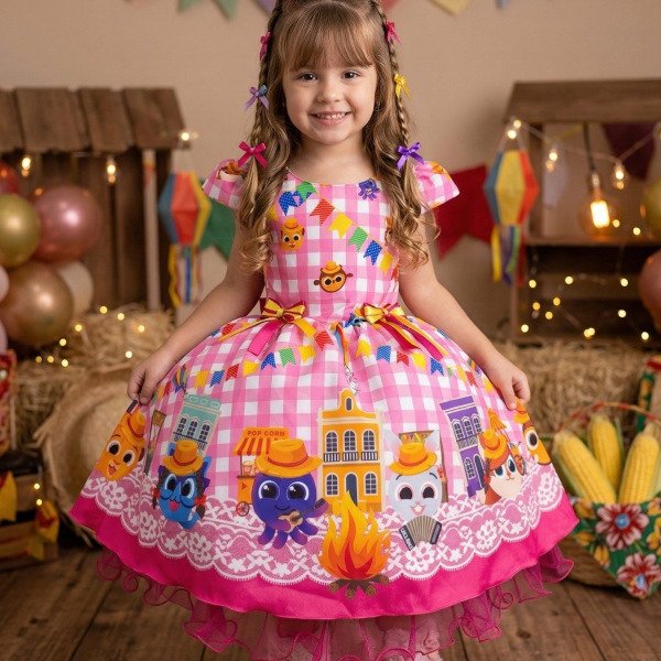 Vestido Junino Temáticos Kids Luxo Bolo Fofo Rosa