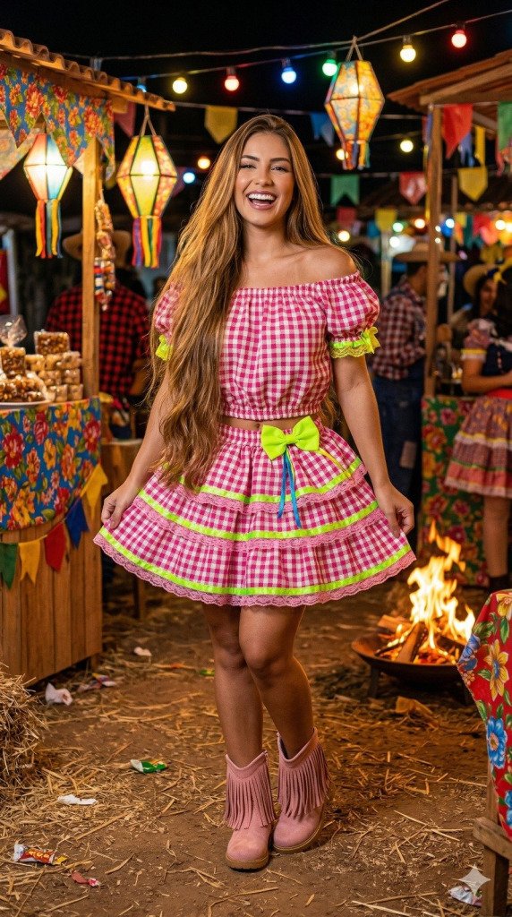 Conjunto Banana Club Junino Luxo Adulto Sofia Rosa