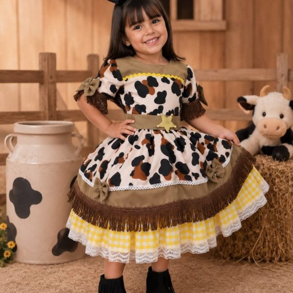 Vestido Tematicos Kids Doce Mimosa Marrom – Fazendinha – Vaquinha