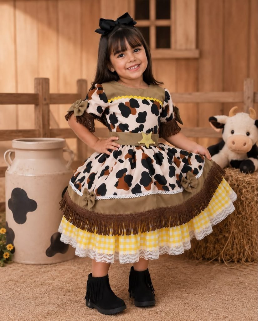 Vestido Tematicos Kids Doce Mimosa Marrom – Fazendinha – Vaquinha