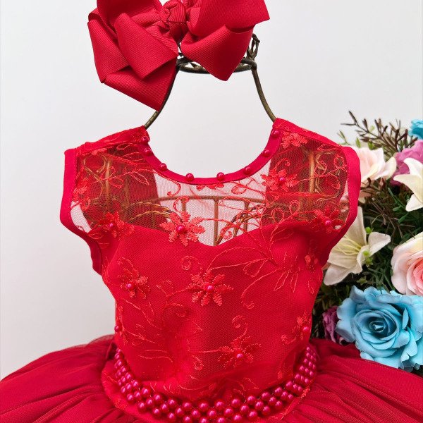 Vestido Infantil Vermelho Com Renda e Pérolas Damas Luxo