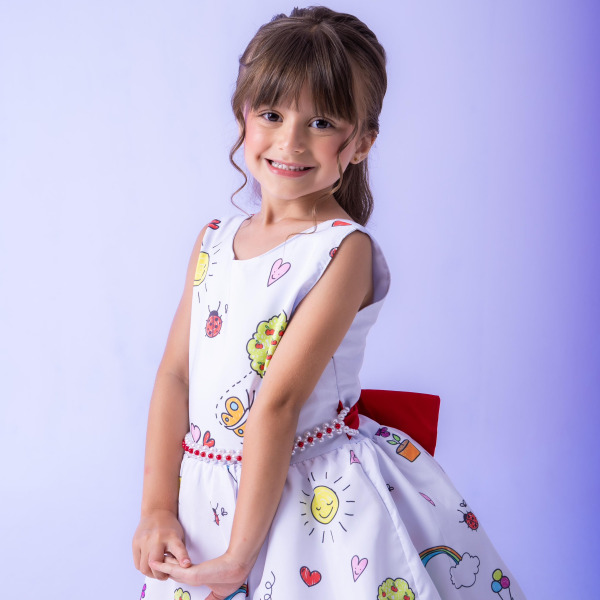 Vestido Marie Lapis Aquarela ABC Branco e Vermelho