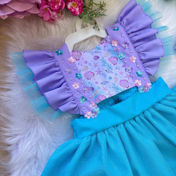 Romper/Vestido Princesa Sereia – Fundo do Mar Lilas e Tiffany