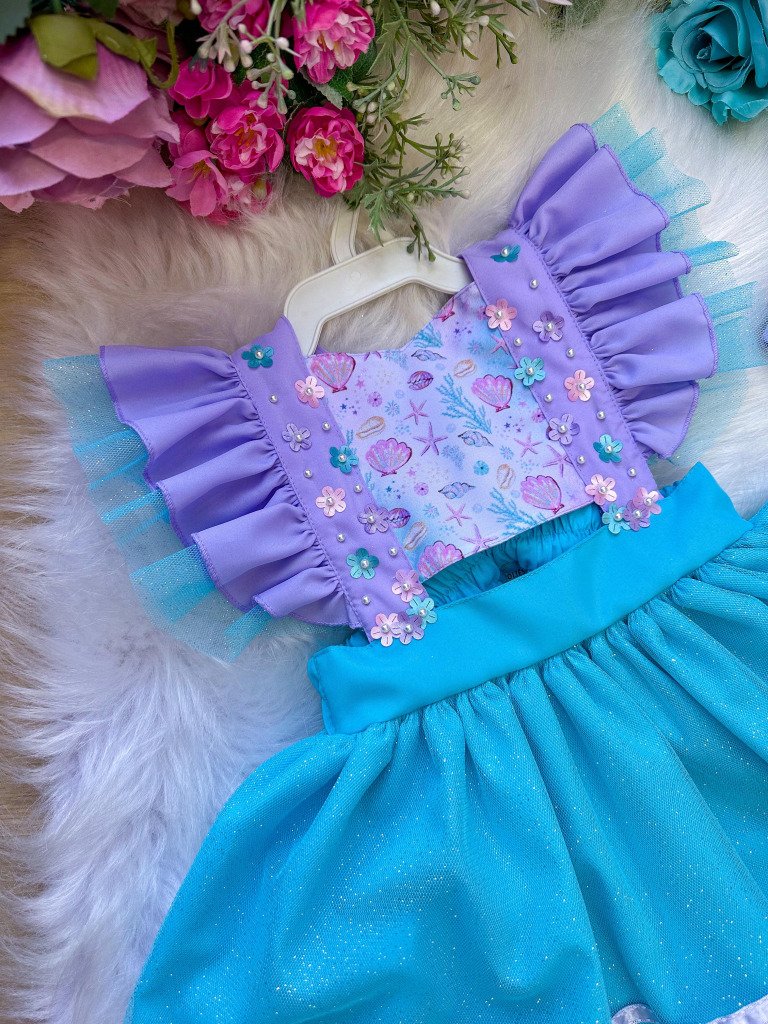 Romper/Vestido Princesa Sereia – Fundo do Mar Lilas e Tiffany