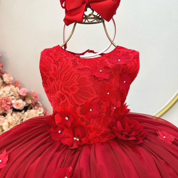 Vestido Infantil Vermelho C Renda e Aplique de Flores Damas