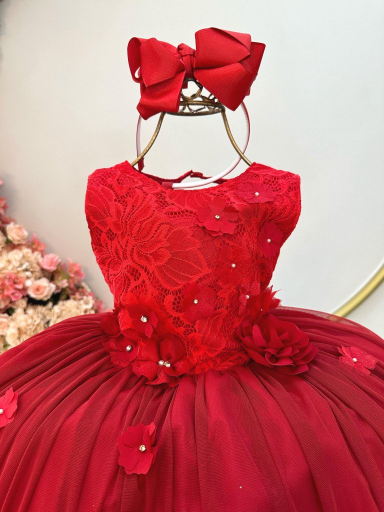 Vestido Infantil Vermelho C Renda e Aplique de Flores Damas
