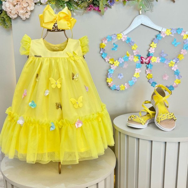 Vestido Infantil Bebê Amarelo Jardim Encantado C/ Renda Luxo