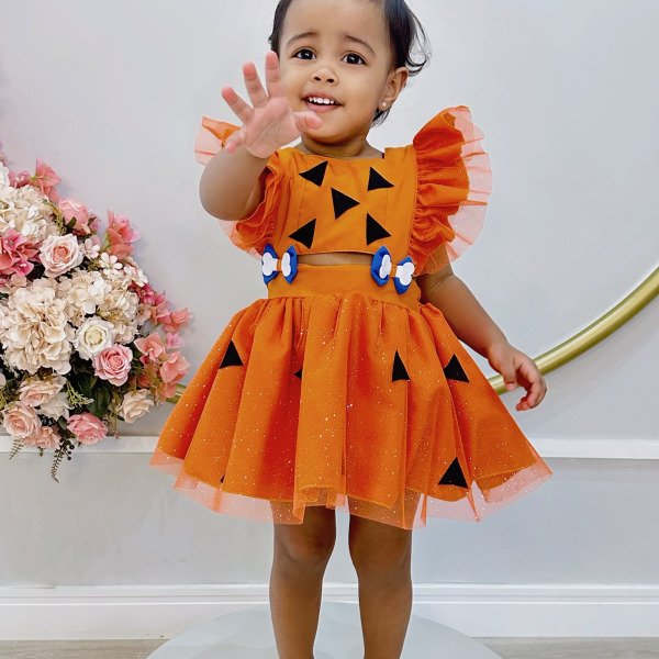 Romper Pedrita Flintstone Laranja Glitter Festas Luxo