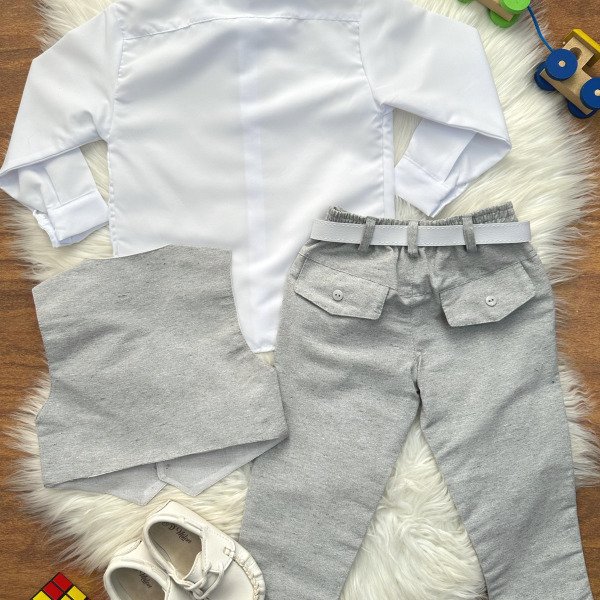 Conjunto Social Pajem Camisa Branca Gravata Calça e Colete Cinza