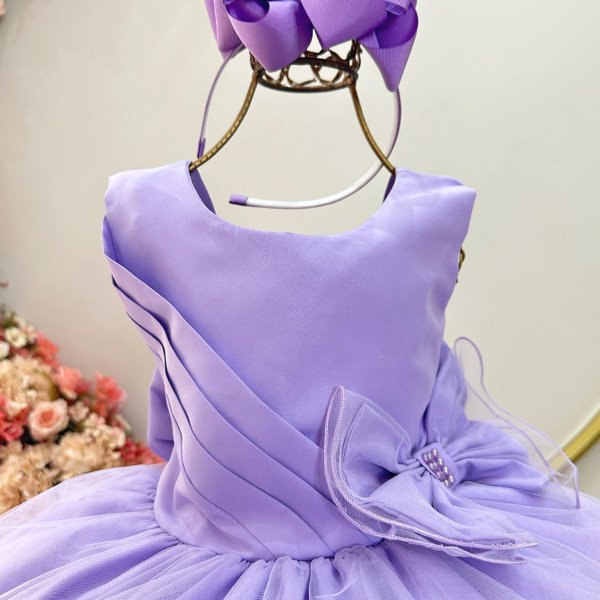 Vestido Infantil Lilás Busto Drapeado Aplique Laço Damas
