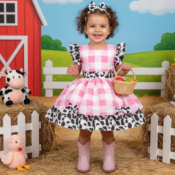Vestido Tematicos Kids Fazendinha Rosa Vaquinha