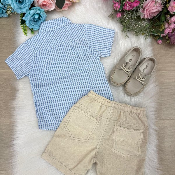 Conjunto Meninos Lucas Banana Club Shorts Camisa Azul Listrada