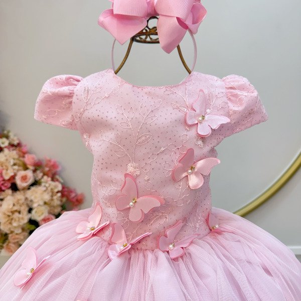 Vestido Infantil Rosa Renda C/ Borboletas Daminhas Luxo