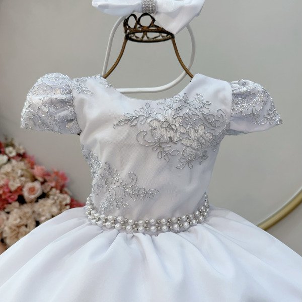 Vestido Infantil Branco Renda Metalizada C/ Tiara Daminhas